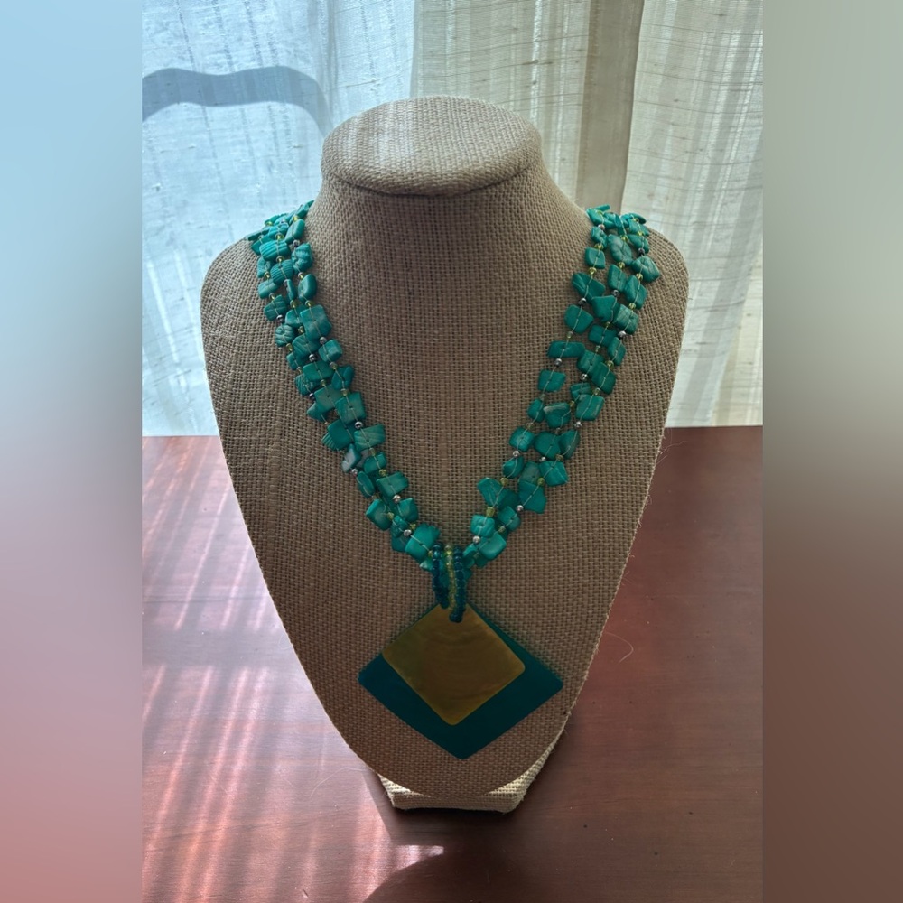 Coldwater Creek Turquoise Beaded Statement Necklace with Geo Pendant